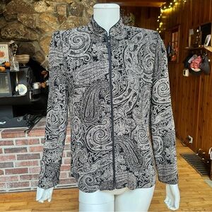 Alex Evenings Black and Cream Paisley Zip-Up Jacket with Shoulder Pads